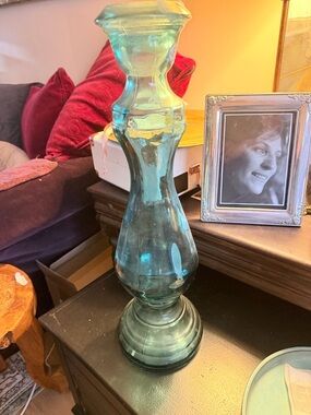 San Miguel Teal Glass Hand Blown Candlestick Holder - Home Accents